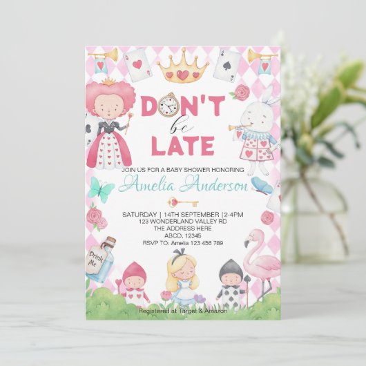 Whimsical Alice im Wunderland Baby Dusche Einladung (Stehend Vorderseite)