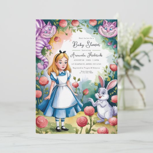 Whimsical Alice im Wunderland Baby Dusche Einladung (Stehend Vorderseite)