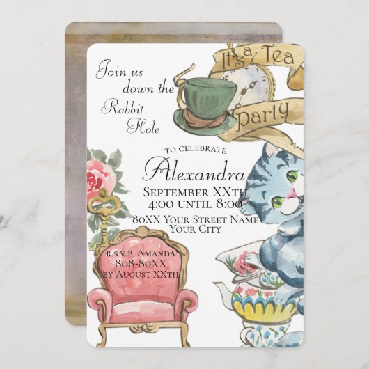 Whimsical Alice im Wunderland Tee Party Einladung (Vorne/Hinten)