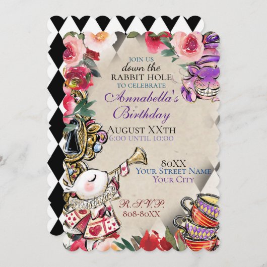 Whimsical Alice im Wunderland Tee Party Thema Einladung (Vorne/Hinten)