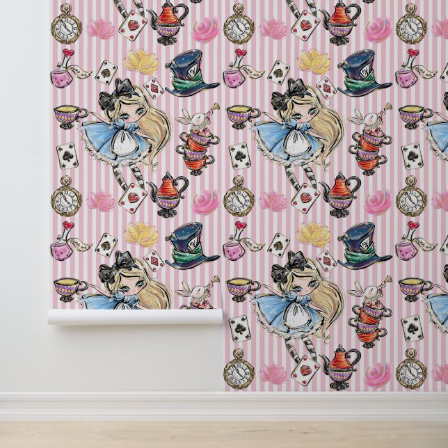 Whimsical Alice Tea Party Pink Stripes Wallpaper Tapete (Anwendung)