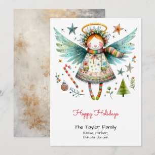 Whimsical Angel Illustration Happy Holidays Feiertagskarte