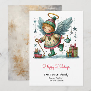 Whimsical Angel on Ice Skate - Happy Feiertagskarte