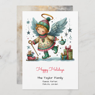 Whimsical Angel on Ice Skate - Happy Feiertagskarte
