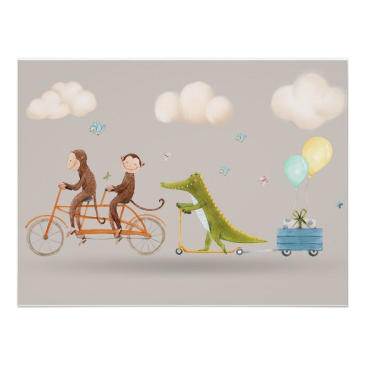 Whimsical Animals on Bicycle Nursery Wall art  Poster (Vorderseite)