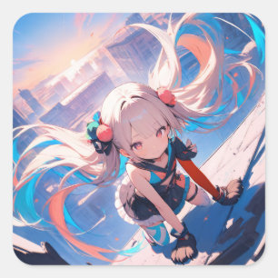 Whimsical Anime Girl in Motion Quadratischer Aufkleber