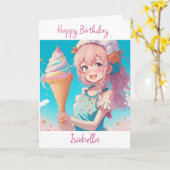Whimsical Anime Girl with Ice Cream Cone Geburtsta Karte (Gelbe Blume)