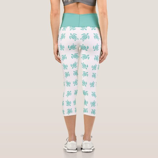 Whimsical Aqua Blue Sea Turtles Nautical Pattern Capri Leggings (Rückseite)