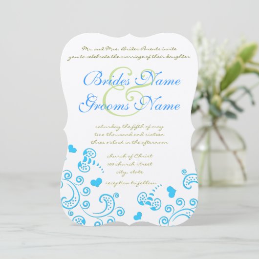 Whimsical Aqua Bumble Bee Swirl Wedding Einladung (Stehend Vorderseite)
