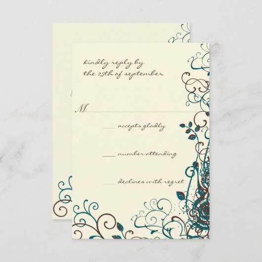 Whimsical Aquamarin & Brown Swirl Wedding RSVP (Vorne/Hinten)