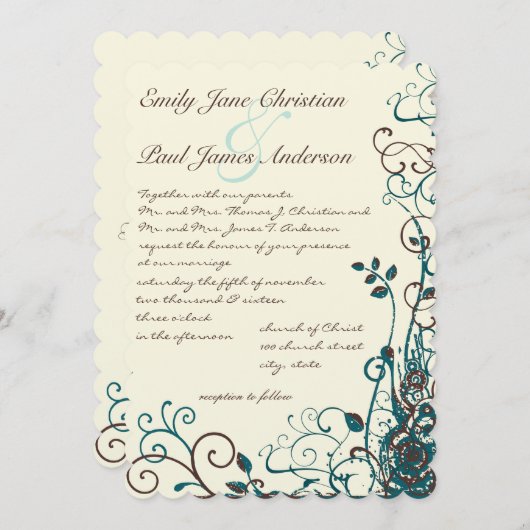 Whimsical Aquamarin & Brown Swirt Einladung zur Ho (Vorne/Hinten)