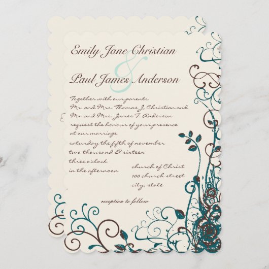 Whimsical Aquamarin & Brown Wirbel Hochzeit Einlad Einladung (Vorne/Hinten)
