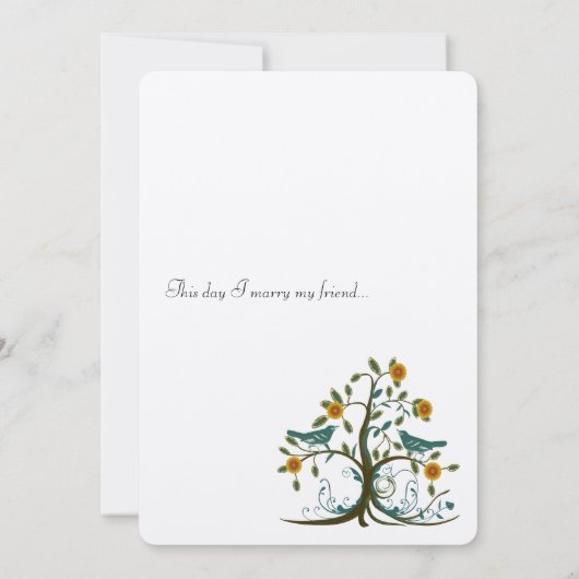 Whimsical Aquamarin und Coral Love Bird Tree Hochz Einladung (Rückseite)