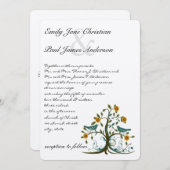 Whimsical Aquamarin und Coral Love Bird Tree Hochz Einladung (Vorne/Hinten)