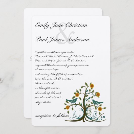 Whimsical Aquamarin und Coral Love Bird Tree Hochz Einladung (Vorne/Hinten)