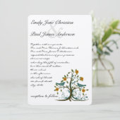 Whimsical Aquamarin und Coral Love Bird Tree Hochz Einladung (Stehend Vorderseite)