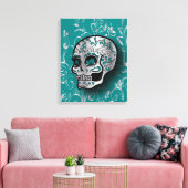 Whimsical Aquamarin und Silver Sugar Skull Leinwanddruck (Insitu (Wohnzimmer))