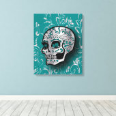 Whimsical Aquamarin und Silver Sugar Skull Leinwanddruck (Insitu (Holzboden))