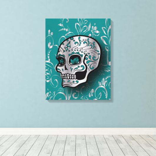 Whimsical Aquamarin und Silver Sugar Skull Leinwanddruck (Insitu (Holzboden))
