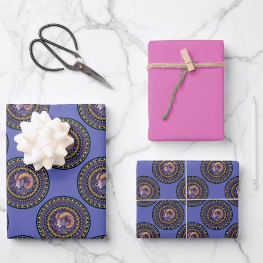 Whimsical Aries Zodiac Sign Polka Dot Mandala Geschenkpapier Set (Vorderseite)