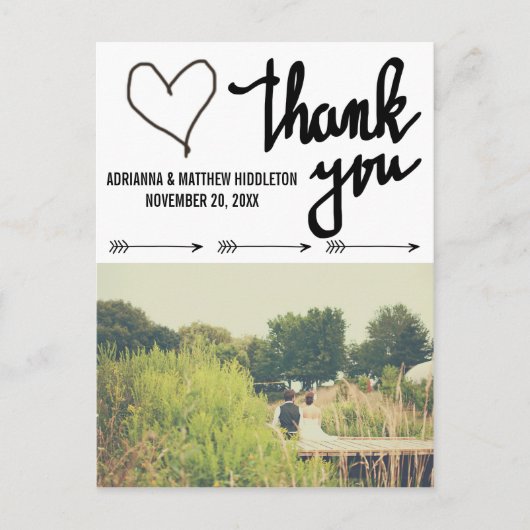 Whimsical Arrows Heart Wedding Danke Foto Postkarte (Vorderseite)