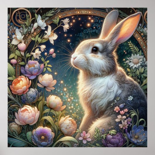 Whimsical Art Nouveau Bunny Floral Elegante Poster (Vorne)