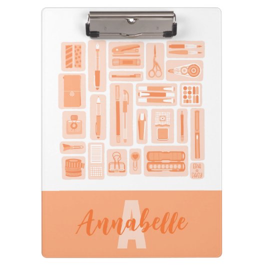 Whimsical Art Supplies Peach Orange Monogram Klemmbrett (Vorderseite)