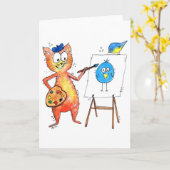 Whimsical Artist Cat Painting a Bird Karte (Gelbe Blume)