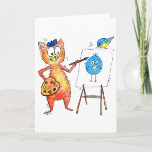 Whimsical Artist Cat Painting a Bird Karte
