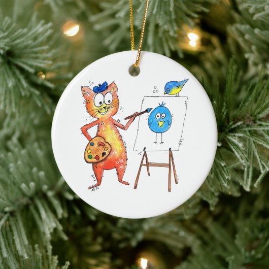 Whimsical Artist Cat Painting a Bird Keramik Ornament (Baum)