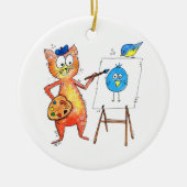 Whimsical Artist Cat Painting a Bird Keramik Ornament (Vorne)