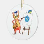 Whimsical Artist Cat Painting a Bird Keramik Ornament (Links)