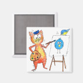 Whimsical Artist Cat Painting a Bird Magnet (Vorderseite/Rückseite)