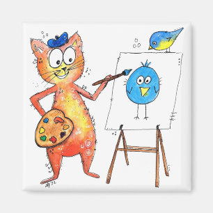 Whimsical Artist Cat Painting a Bird Magnet