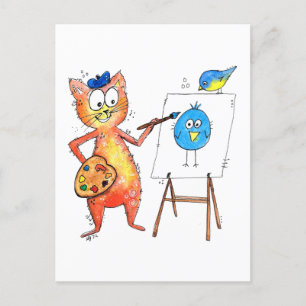 Whimsical Artist Cat Painting a Bird Postkarte