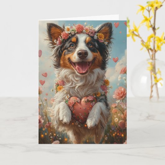 Whimsical Australian Shepherd Valentine's Day Karte (Gelbe Blume)