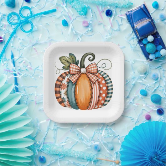 Whimsical Autumn Accent with Gingham Bow Pappteller (Party)