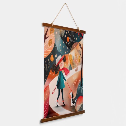 Whimsical Autumn Walk Illustration Wandteppich Mit Holzrahmen (Gewinkelt)