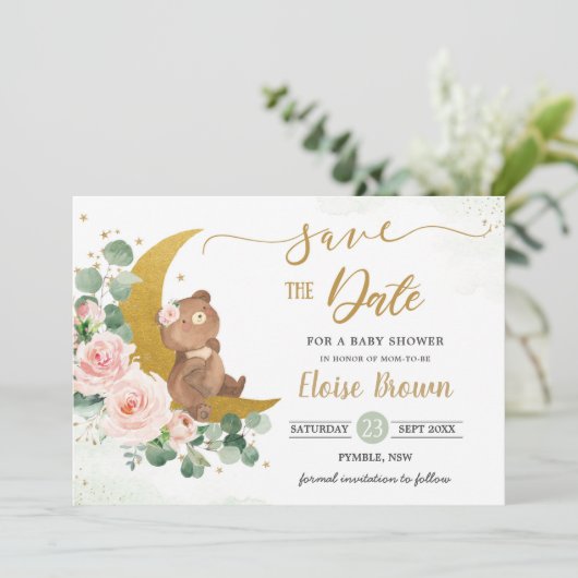 Whimsical Baby Bear Crescent Moon Blush Bloral Save The Date (Stehend Vorderseite)