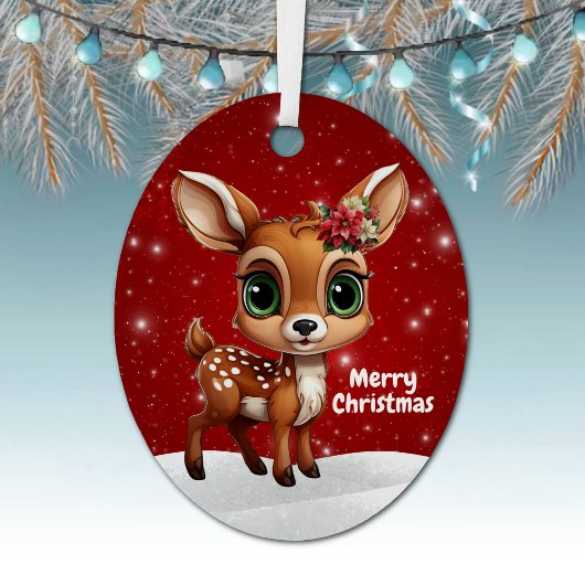 Whimsical Baby Deer Snowy Christmas Berry Red 🎄🦌 Ornament Aus Metall