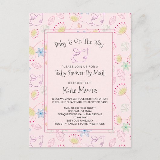 Whimsical Baby Dusche by Mail Bird Blumenrosa Einladungspostkarte (Vorderseite)