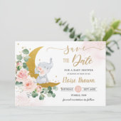 Whimsical Baby Elephant Crescent Moon Blush Bloral Save The Date (Stehend Vorderseite)