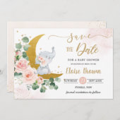 Whimsical Baby Elephant Crescent Moon Blush Bloral Save The Date (Vorne/Hinten)