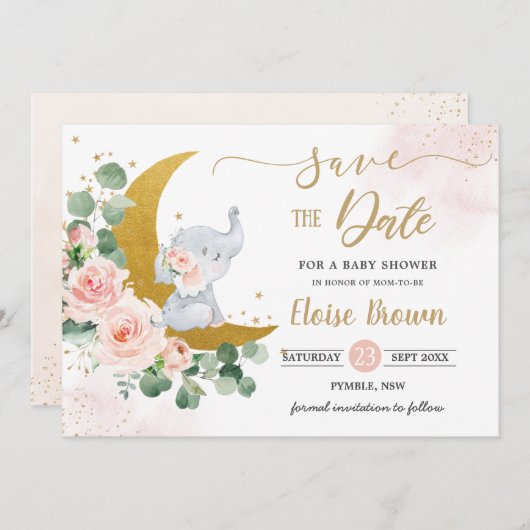 Whimsical Baby Elephant Crescent Moon Blush Bloral Save The Date (Vorne/Hinten)