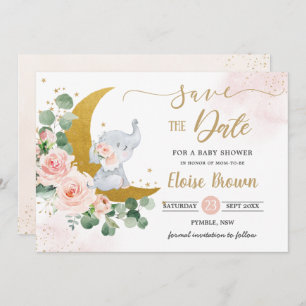 Whimsical Baby Elephant Crescent Moon Blush Bloral Save The Date
