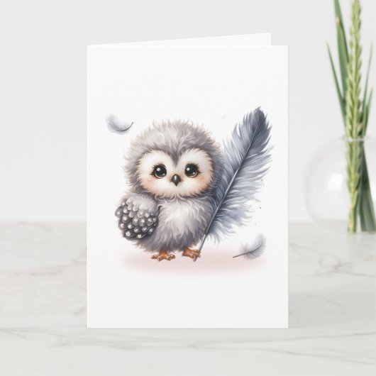 Whimsical Baby Owl with FallFeathers Blank Karte (Vorderseite)