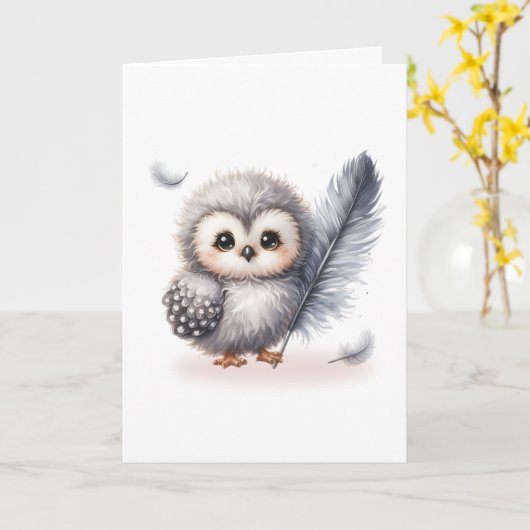 Whimsical Baby Owl with FallFeathers Blank Karte (Gelbe Blume)