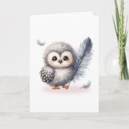 Whimsical Baby Owl with FallFeathers Blank Karte