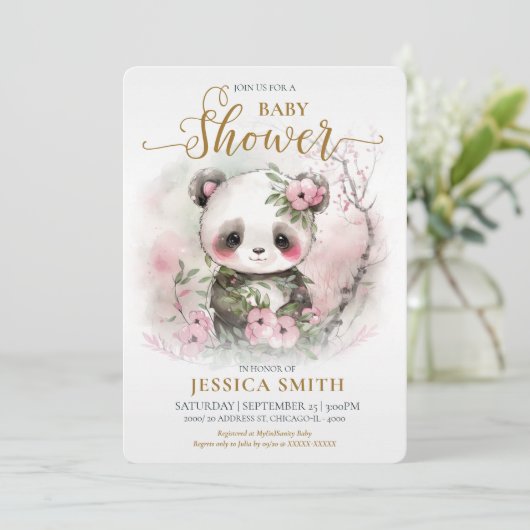 Whimsical Baby Panda & Cherry Blossom Babydusche Einladung (Stehend Vorderseite)