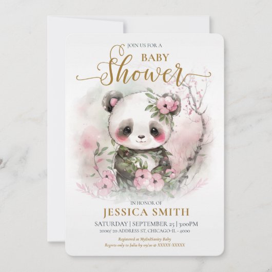 Whimsical Baby Panda & Cherry Blossom Babydusche Einladung (Vorderseite)